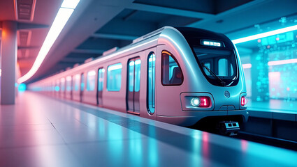 Modern subway train arriving at futuristic station