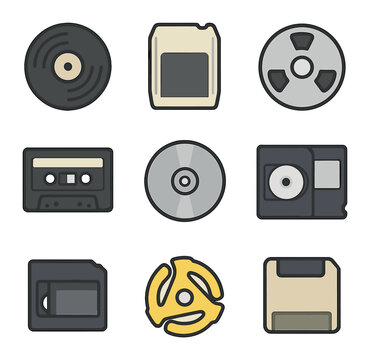 Vintage Audio Icons. Flat icon set of vintage audio formats: shellac record, 8-track tape, reel tape, cassette