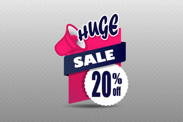 Huge sale banner with megaphone icon and modern geometric shapes.