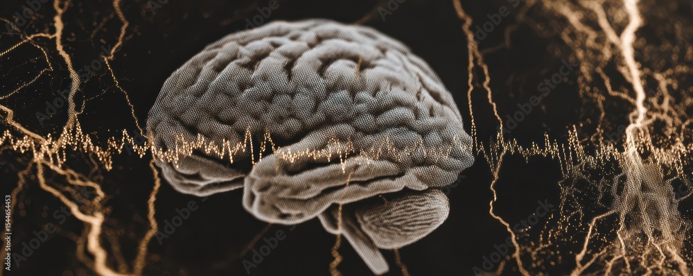 Poster conceptual image of a human brain surrounded by electric waves illustrating neural activity and cogn