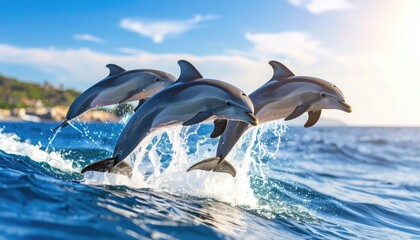 Fototapeta premium Dolphins Leaping: Oceanic Grace in Vibrant Sunlight