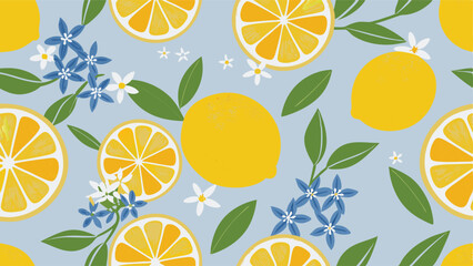 Seamless pattern featuring lemons, lemon slices, green leaves and small blue and white flowers design
