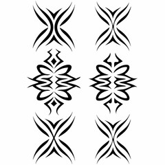 Intricate tribal tattoo designs adorning a woman's thigh and hip, showcasing bold geometric patterns and symbolic imagery.