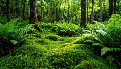 Emerald Forest: Lush Moss, Ferns, and Tranquil Trees