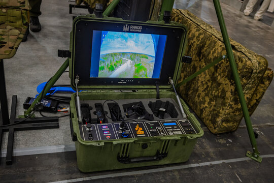 Ukraine, Kyiv - May, 27, 2025:Military ground control station case with drone FPV feed monitor and equipment, showcasing defense technology.