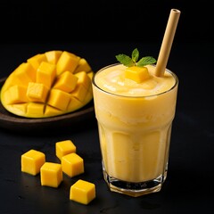 A refreshing sinh tố xoài, mango smoothie with condensed milk, in a frosty glass, on a black background. Mango chunks and a bamboo straw 
