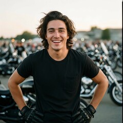 Male biker with a blank black t-shirt at a motorcycle rally with fictional unbranded motorcycles in the background, bike rally, fictional motorcycle, motorcycle gathering, black shirt, motorcycle cult