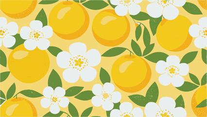 Seamless pattern of yellow citrus fruits and white flowers with green leaves on a light yellow background