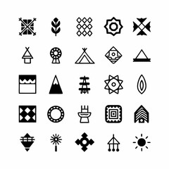 Create a diverse set of icons representing tribal crafts and handmade items, showcasing diverse materials and techniques.  Include detailed illustrations.