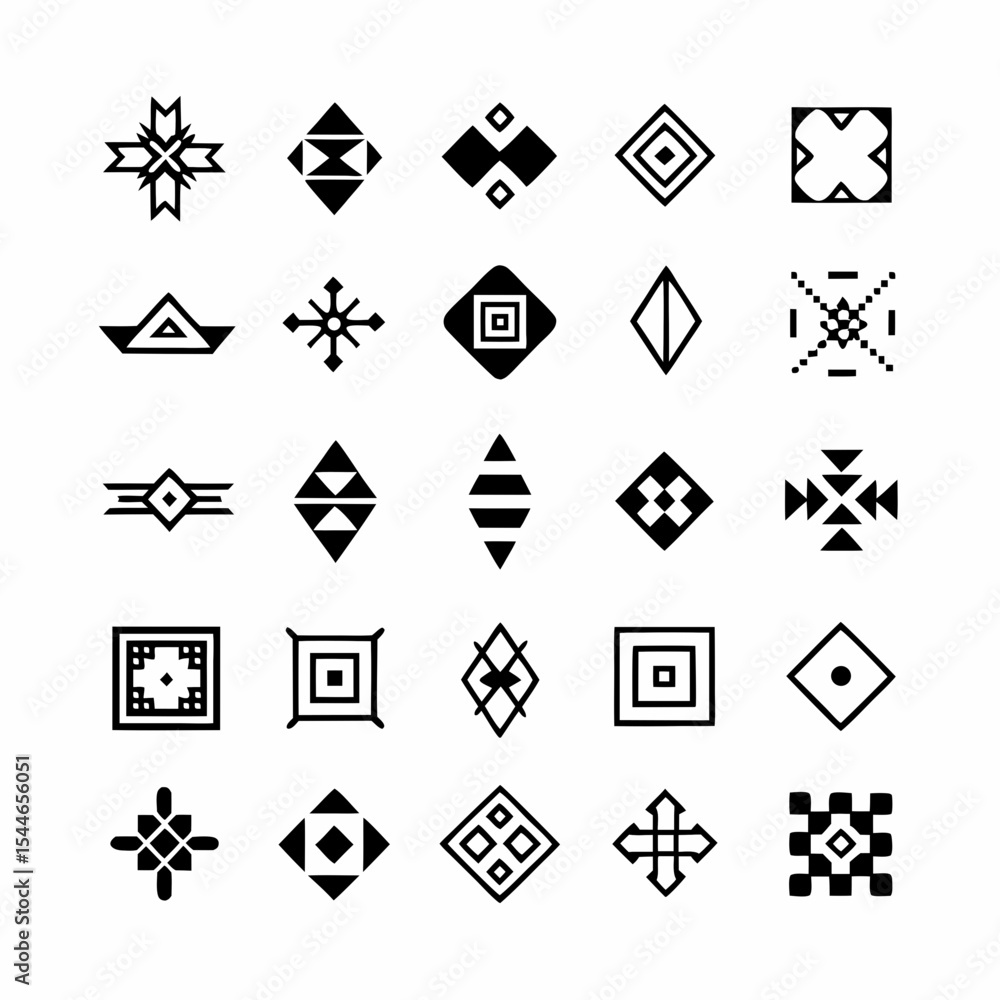Poster design a set of vibrant tribal geometric pattern icons, showcasing diverse styles and incorporating 
