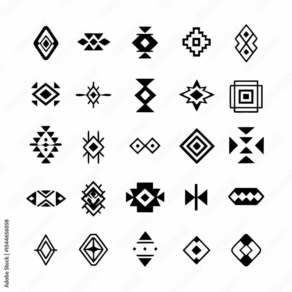 Poster design a set of vibrant tribal geometric pattern icons. include diverse shapes and colors reflecting