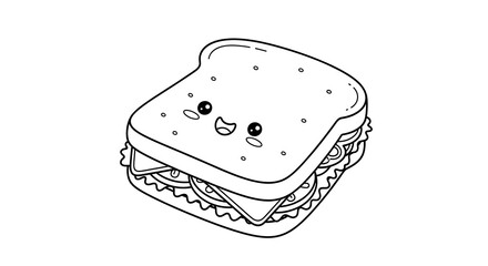 Kawaii sandwich coloring page for kids and adults printable free download cute food art on transparent background