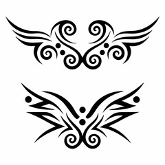 Design a striking image featuring stylized tribal art depictions of a falcon and a hawk, incorporating symbolic elements.