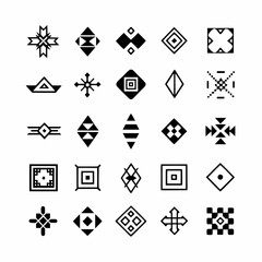 Design a set of vibrant tribal geometric pattern icons, showcasing diverse styles and incorporating bold colors.  Include both simple and complex designs.