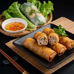 plate of chả giò, crispy spring rolls filled with pork and shrimp, on a black background, served with lettuce wraps and nuoc cham dip. 