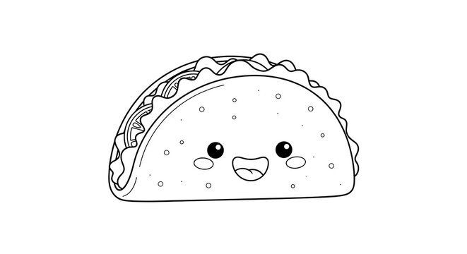 Cute taco coloring page printable for kids and adults food illustration outline drawing on transparent background