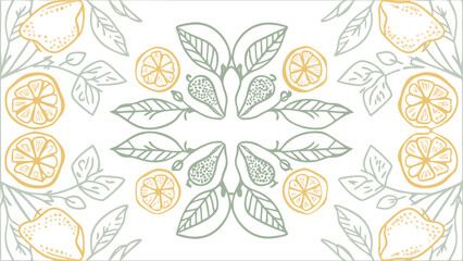 Illustration of lemon slices and leaves arranged symmetrically on a white background surface art