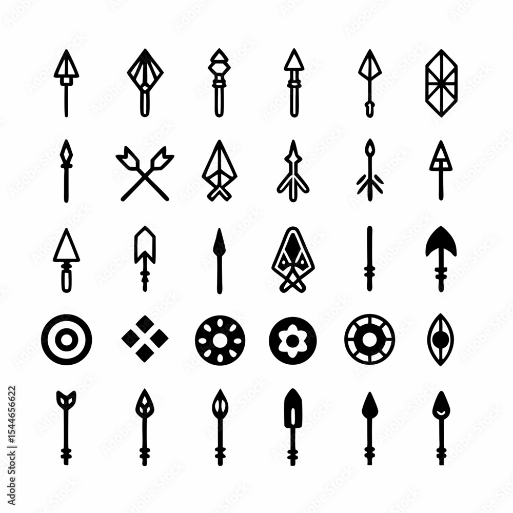 Poster design a set of minimalist tribal spear and shield icons, emphasizing bold silhouettes and cultural 
