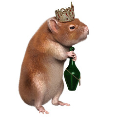 3D rendered cute hamster King with a crown is holding a bottle isolated on transparent background