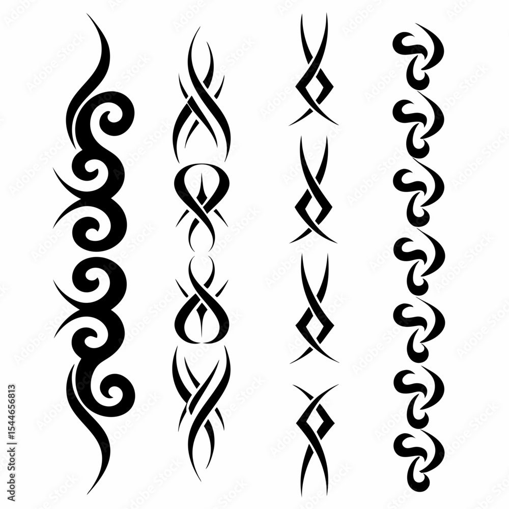 Aufkleber design a set of vertical, tribal-style tattoo icons, showcasing diverse patterns and symbolic elemen