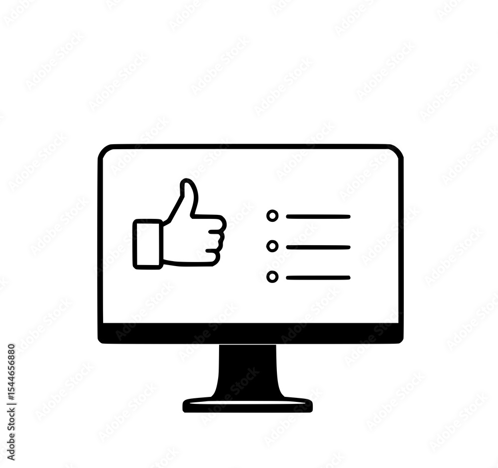 Poster positive feedback on computer screen: a simple black and white line art illustration depicts a compu