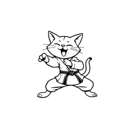 Playful Karate Cat: A cheerful line art illustration of a happy cat in a karate gi, showcasing its playful stance and black belt.
