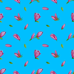 Pastel flowers seamless pattern isolated on blue. Pink magnolias watercolor background. Background with magnolias and leaves. Floral design for wedding