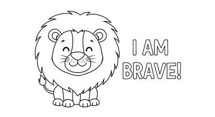 Lion coloring page for kids i am brave printable activity sheet animal outline drawing art on transparent background