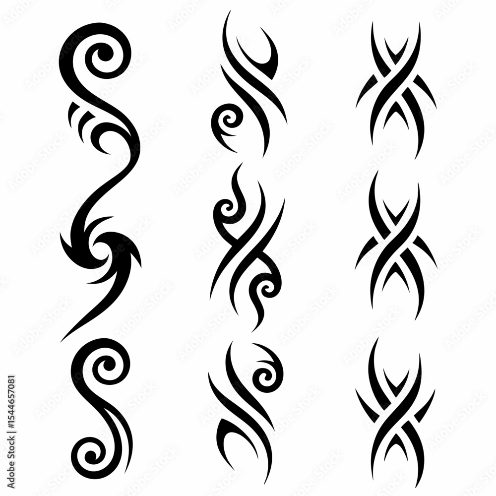 Poster create a set of tribal-style yin yang icons, incorporating geometric patterns and bold lines. design