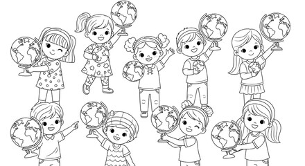Coloring page of kids holding globes for educational activities and learning resources on transparent background