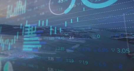 Coastline starting finance overlay with candlesticks, bar charts and circles animating for data - Powered by Adobe