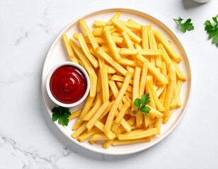 Golden crispy French fries served with classic red ketchup dip – popular snack and comfort food