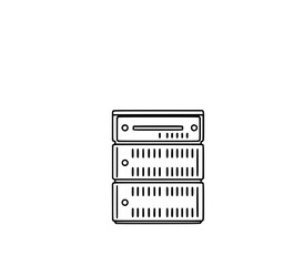 Server Rack Illustration: A simple line art drawing of a three-tier server rack, showcasing its technical design in black and white.