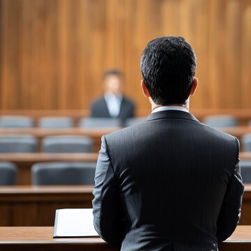 Courtroom drama unfolds lawyer presenting case in front of judge courthouse legal proceedings formal indoor environment focused perspective on justice