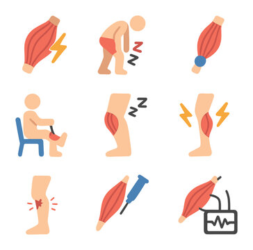 Muscle Anatomy Icons. Flat icon set of muscle-related medical concepts: muscle cramp, strain injury,