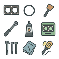 Engine Gasket Icon Set. Flat icon set of engine gasket maintenance: head gasket, new o-ring, gasket scraper,