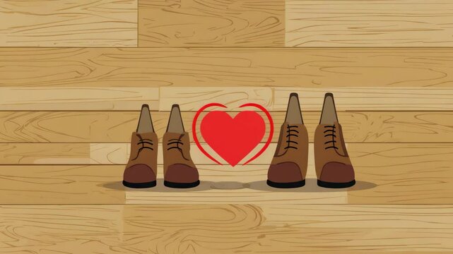 Father&rsquo;s Day concept in vector illustration &mdash; a pair of shoes (adult and child) side by side on wooden floor with heart symbol &mdash; without any text.