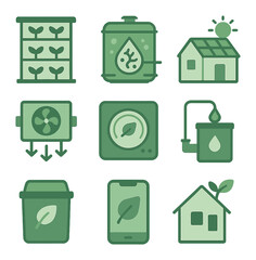 Green Innovation Icons. Flat icon set of green innovations: vertical farm, algae biofuel tank, solar roof,