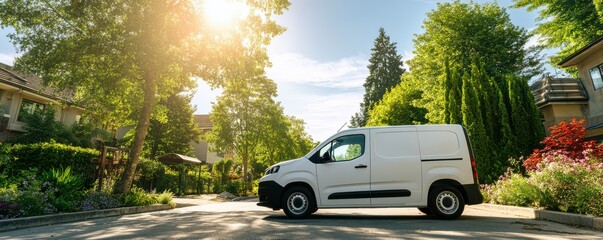 White delivery van parked in a serene suburban street surrounded by lush greenery and vibrant flowers under a bright blue sky on a sunny day