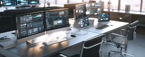 Modern Office Workspace with Multiple Computer Screens Displaying Data Analysis and Financial Charts in a Bright and Airy Environment