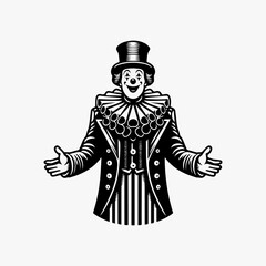 Obraz premium A vintage-style clown with a top hat and ruffled collar extends his arms in a welcoming gesture.