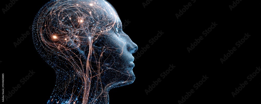 Poster futuristic human head profile with digital connections and neural networks in a dark background repr