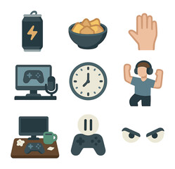 Gamer Lifestyle Icons. Flat icon set of gamer lifestyle: energy drink, snacks bowl, keyboard hand, streaming