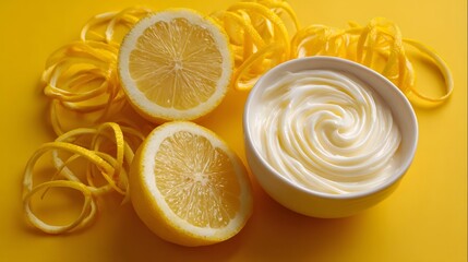 Fresh lemons and creamy lemon sauce on a vibrant yellow background, ideal for culinary presentations