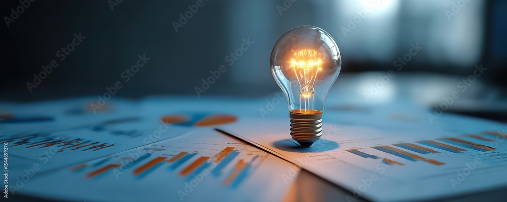 Poster light bulb illuminating ideas on business strategy analysis with charts and graphs in modern office 