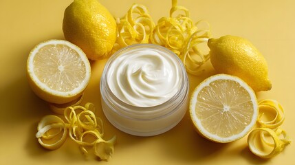 Creamy lemon skincare product surrounded by fresh lemons and lemon peels on a vibrant yellow backdrop