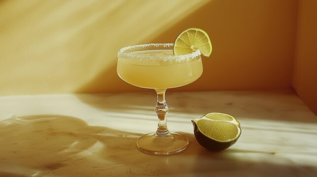 Margarita Cocktail With Lime Garnish In Sunlit Vintage Setting Evokes Nostalgic Summer Vibes. Retro Cocktail Hour Charm