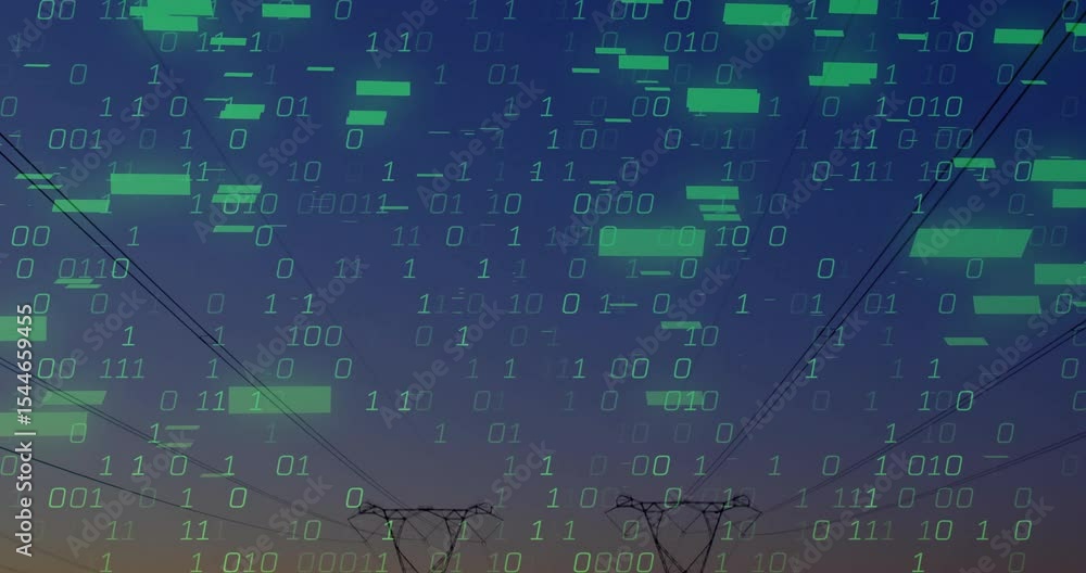 Poster deepening dusk sky starting floating green binary code flowing over towers showing digital flow
