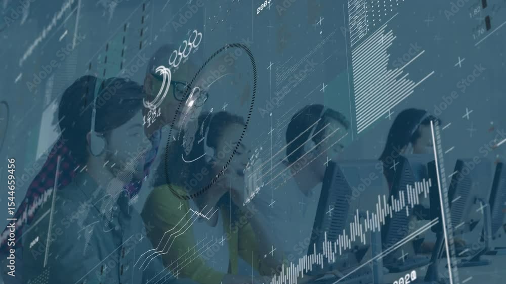 Poster manager entering call center leaning over shoulder guiding agents with data overlay shifting color