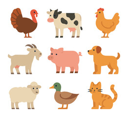 Fototapeta premium Fall Farm Animal Icons. Flat icon set of fall farm animals: turkey, dairy cow, chicken, goat, pig, farm dog,